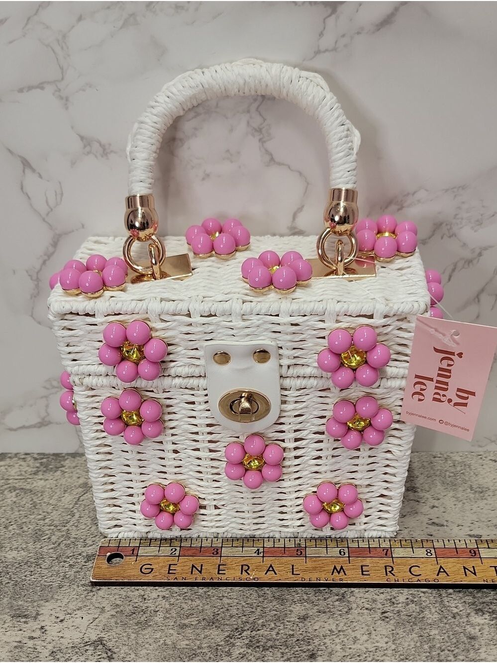 Daisy Embellished Straw Bucket Bag | Rattan Flower Box Purse by Jenna Lee - Picture 10 of 12
